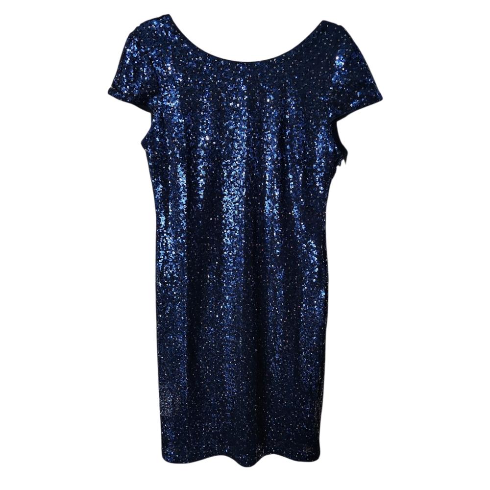 NWT Calvin Klein Navy Sequin Cap Sleeve Draped Back Dress Size 12